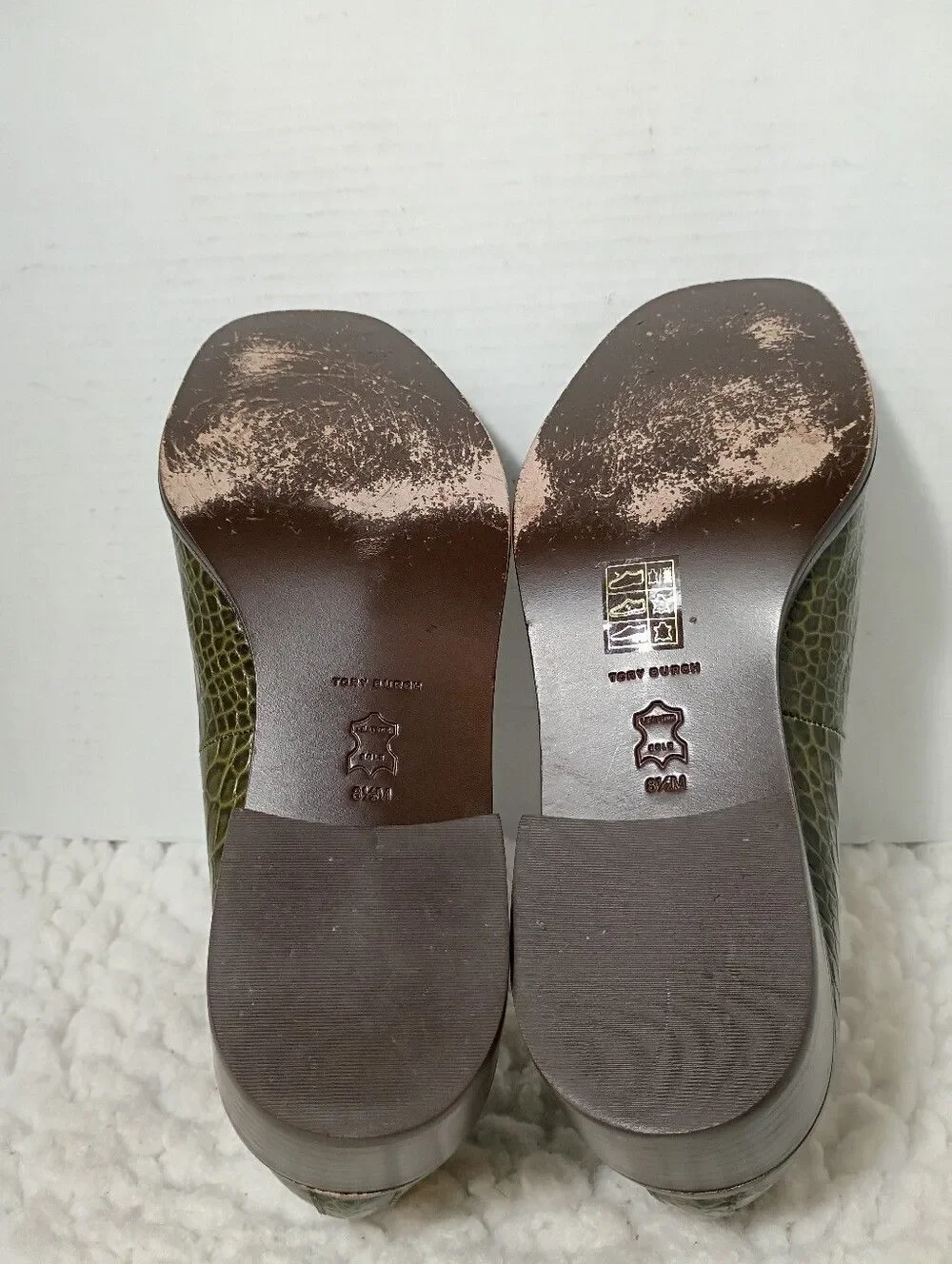 Tory Burch Eleanor Heeled Loafer 8.5 Green Croco Emboss Leccio Gold Logo Bazil